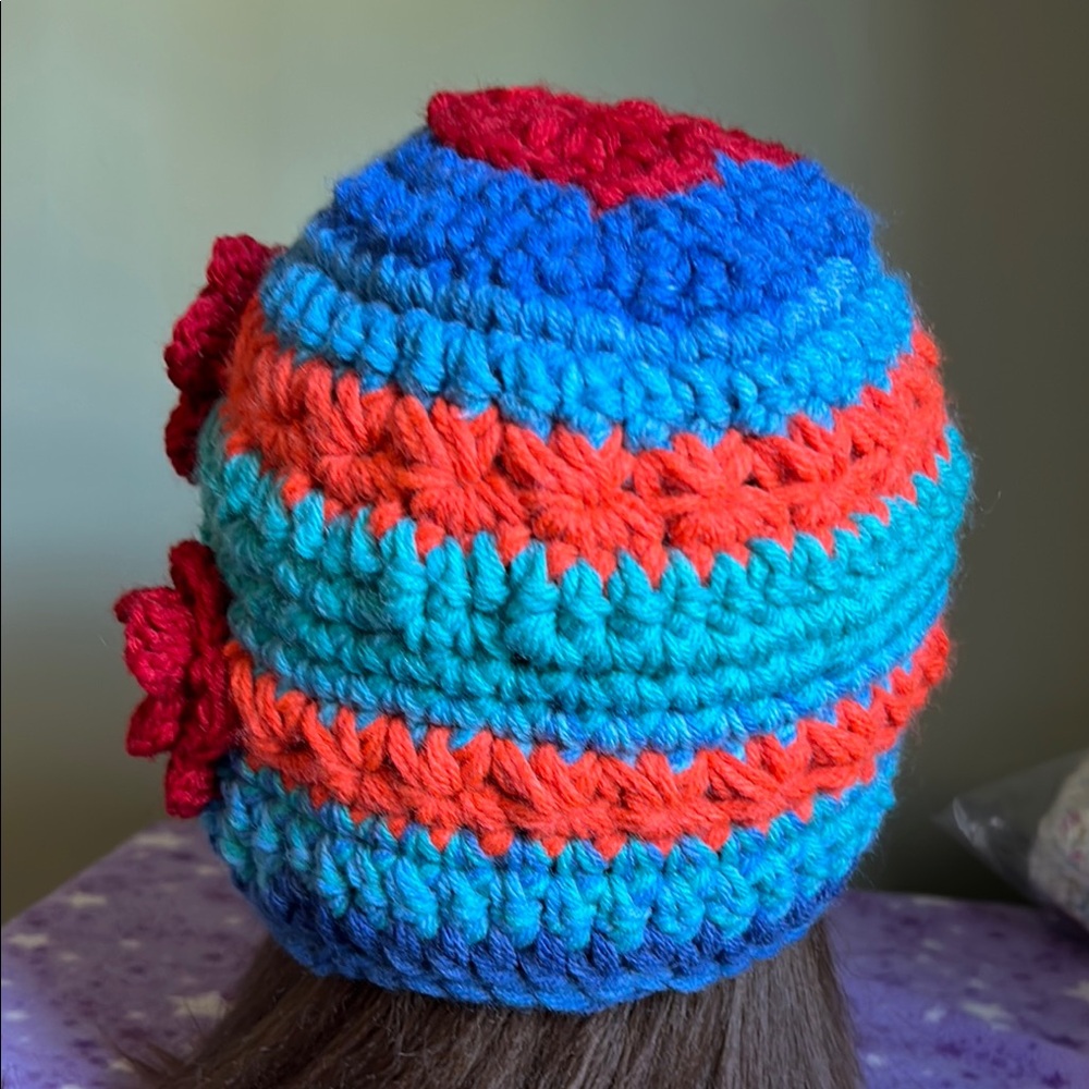 Handmade Colorful Crochet Beanie with heart Accent medium acrylic soft - Picture 6 of 11